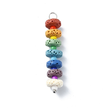 2Pcs Colorful Dyed Natural Lava Rock & Glass Seeded Pendants, Chakra Disc Charms with 304 Stainless Steel Loops, Stainless Steel Color, 42~42.5x8mm, Hole: 3mm