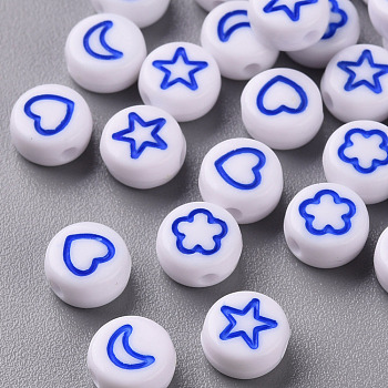 White Opaque Acrylic Beads, Flat Round with Heart & Flower & Moon & Star, Blue, 7x4mm, Hole: 1.6mm