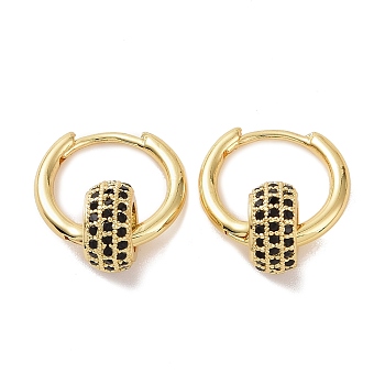 Cubic Zirconia Flat Round Beaded Hoop Earrings, Golden Brass Jewelry for Women, Black, 19.5mm, Pin: 1.2mm