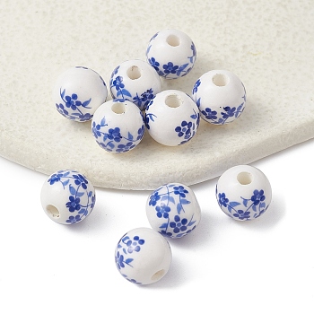 Handmade Porcelain Beads, Blue and White Porcelain, Round with Flower, Blue, 10mm, Hole: 2mm