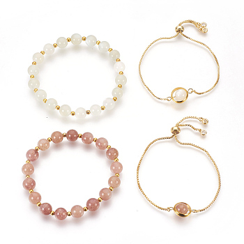 Natural Mixed Stone Bracelets Sets, Slider Bracelets and Stretch Bracelets, with Brass Findings, Round, 2 inch(5cm), 8-5/8 inch(22cm), 4pcs/set