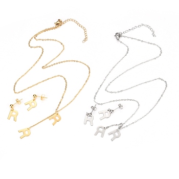 304 Stainless Steel Jewelry Sets, Cable Chains Pendant Necklaces and Stud Earrings, with Lobster Claw Clasps and Ear Nuts, Alphabet, Golden & Stainless Steel Color, Letter.R, 17.71 inch(45cm),  11x9x0.5mm, Pin: 0.8mm