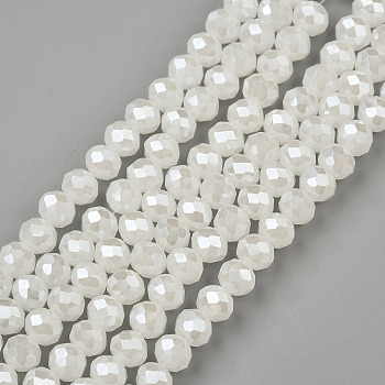 Electroplate Glass Beads Strands, Imitation Jade Beads, Pearl Luster Plated, Faceted, Rondelle, Creamy White, 4x3mm, Hole: 0.4mm, about 123~127pcs/strand, 16.5~17.3 inch(42~44cm)