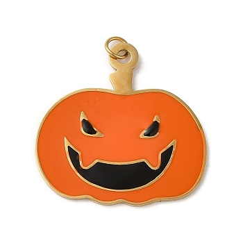 Halloween 304 Stainless Steel Pendants, with Enamel and Jump Ring, Real 14K Gold Plated, Pumpkin Charm, Dark Orange, 25x25x1mm, Hole: 2.5mm