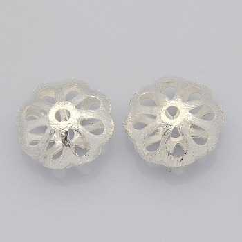 Brass Hollow Filigree Beads, Flower, Silver Color Plated, 18x9mm, Hole: 3mm