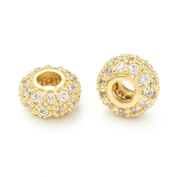 Brass Micro Pave Cubic Zirconia Beads, Rondelle, Real 18K Gold Plated, 8.5x4.5mm, Hole: 3mm