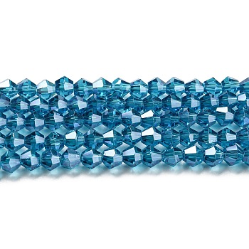 Transparent Electroplate Glass Beads Strands, Pearl Luster Plated, Faceted, Bicone, Steel Blue, 4x4mm, Hole: 0.8mm, about 87~98pcs/strand, 12.76~14.61 inch(32.4~37.1cm)