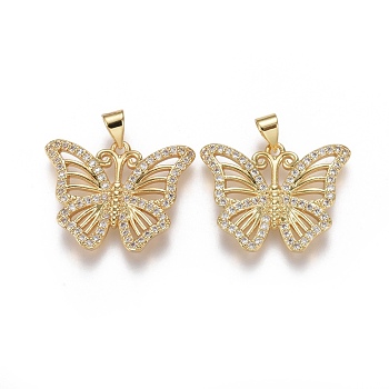 Brass Micro Pave Cubic Zirconia Pendants, Butterfly, Clear, Real 18K Gold Plated, 19x25x2mm, Hole: 3.5x5mm