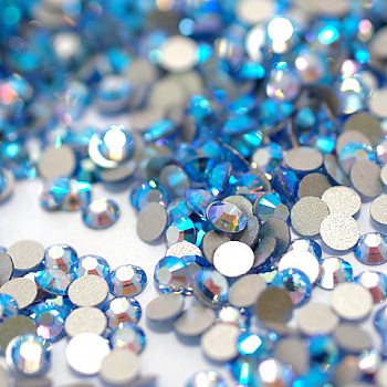 Glass Flat Back Rhinestone, Grade A, Back Plated, Faceted, AB Color, Half Round, Light Sapphire, 3~3.2mm, about 1440pcs/bag