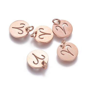 304 Stainless Steel Charms, Flat Round with Constellation/Zodiac Sign, Rose Gold, Aries, 12x1mm, Hole: 3mm