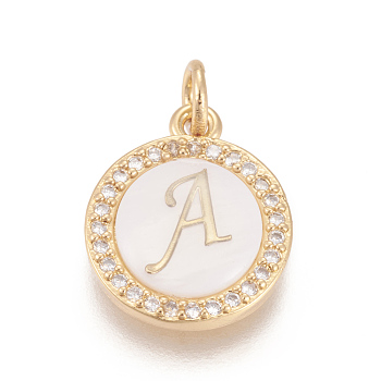 Brass Micro Pave Cubic Zirconia Pendants, with Shell, Long-Lasting Plated, Lead Free & Cadmium Free & Nickel Free, Real 18K Gold Plated, Flat Round with Letter, Clear, Letter.A, 16x13.5x3mm, Hole: 3mm