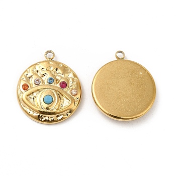 Vacuum Plating 201 Stainless Steel with Colorful Rhinestone Pendants, Flat Round with Evil Eye Charms, Real 18K Gold Plated, 17.5x15x3.5mm, Hole: 1.2mm