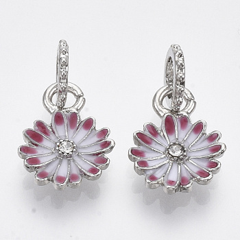 Alloy European Dangle Charms, with Crystal Rhinestone and Enamel, Large Hole Pendants, Flower, Platinum, 22mm, Hole: 5mm, Flower: 16.5x12x3mm