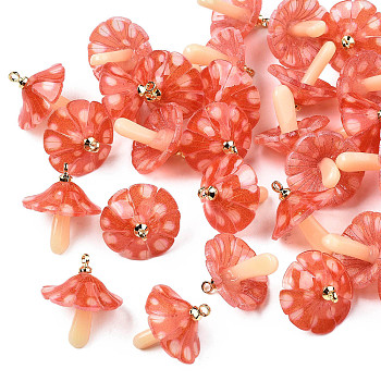 Plastic Pendants, with Acrylic and Golden Plated Brass Loops, Mushroom, Orange Red, 18x15mm, Hole: 1.5mm