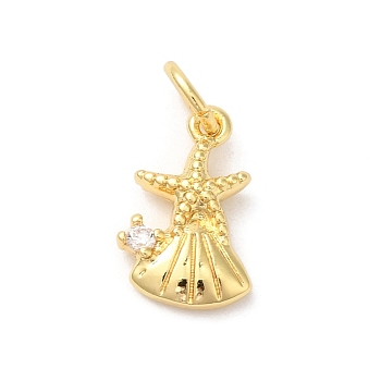 Rack Plating Brass Clear Cubic Zirconia Pendants, with Jump Ring, Long-Lasting Plated, Lead Free & Cadmium Free, Starfish with Sea Shell, Real 18K Gold Plated, 16x8x3mm, Hole: 3mm