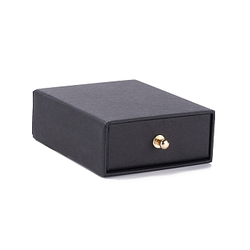 Rectangle Paper Drawer Jewelry Set Box, with Brass Rivet, for Earring, Ring and Necklace Gifts Packaging, Black, 7x9x3cm