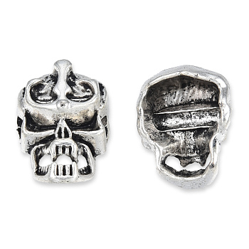 Tibetan Style Alloy Beads, Cadmium Free & Lead Free, Skull, Antique Silver, 16x12x10mm, Hole: 2mm, about 350pcs/1000g