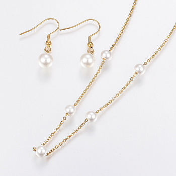 304 Stainless Steel Jewelry Sets, with Acrylic Imitation Pearl Beads, Pendant Necklace and Dangle Earrings, Golden, 17.72 inch(45cm), 31x8mm, Pin: 0.8mm
