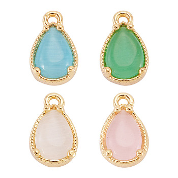 4Pcs 4 Colors Brass Crushed Ice Cut Cubic Zirconia Pendants, Teardrop Charms, Real 18K Gold Plated, Mixed Color, 10.5x6.5x3mm, Hole: 0.9mm, 1pc/color