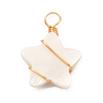 Natural Freshwater Shell Pendants, with Real 18K Gold Plated Eco-Friendly Copper Wire, Star, Creamy White, 24x18x4mm, Hole: 4mm