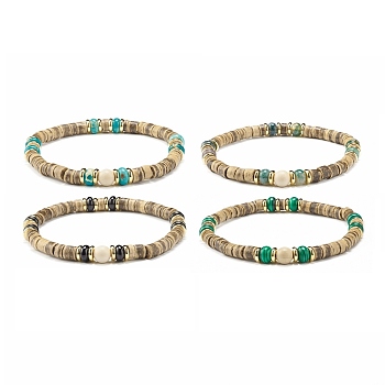 Stretch Bracelets, with Natural & Synthetic Gemstone Beads, Coconut Beads and Brass Spacer Beads, Mixed Color, Inner Diameter: 2-1/4 inch(5.8cm)