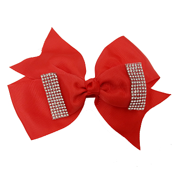 Grosgrain Bowknot Alligator Hair Clips, with Iron Alligator Clips, Acrylic Rhinestones, Red, 140mm