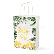 Gold Stamping Rectangle Paper Bags, with Handle, for Gift Bags and Shopping Bags, Word Baby Boy, Leaf Pattern, 14.9x8.1x21cm(CARB-B002-01F)