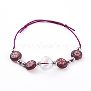 Adjustable Handmade Millefiori Glass Beaded Bracelets, with Glass Globe Beads, Nylon Thread and Brass Beads, Platinum, Purple, Inner Diameter: 2 inch(5cm)(BJEW-JB06074-01)