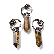 Natural Tiger Eye Faceted Pointed Bullet Pendants, Brass Ring Charms with Jump Rings, Red Copper, 48~50x20x9~10mm, Hole: 6mm(G-A221-03F)