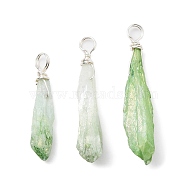 Electroplated Raw Rough Natural Quartz Crystal Copper Wire Wrapped Pendants, Green Plated Teardrop Charms, Silver, 33~44x7x8~10mm, Hole: 3.5mm(PALLOY-JF02409-02)