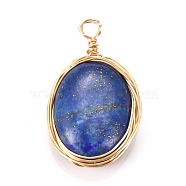 Natural Lapis Lazuli Pendants, Wire Wrapped Pendants, with Light Gold Plated Eco-Friendly Copper Wire, Oval, Dyed, 21~24x13~14x6~6.5mm, Hole: 1.5~2.5mm(PALLOY-JF00467-04)