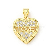 Brass with Cubic Zirconia Pendants, Heart, Word, 16.5x15x3.2mm, Hole: 5x3.5mm(FIND-Z023-01A)