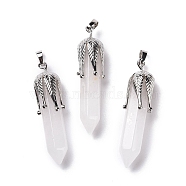 Natural Quartz Crystal Big Pendants, with Platinum Tone Brass Findings, Cadmium Free & Lead Free, Bullet with Leaf, 53.5~57x14~15x14~15mm, Hole: 7x4mm(G-E059-03AS-09)