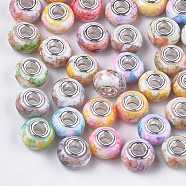 Resin European Beads, Large Hole Beads, with Silver Color Plated Brass Cores, Rondelle, Mixed Color, 14x8.5~9mm, Hole: 5mm(RPDL-S013-07)