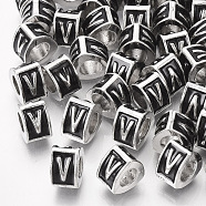Alloy European Beads, Enamel Style, Large Hole Beads, Triangle with Letter, Platinum, Black, Letter.V, 9.5x9x6.5mm, Hole: 5mm(MPDL-S038-09V)