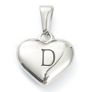 304 Stainless Steel Pendants, Heart with Black Letter, Stainless Steel Color, Letter.D, 16x16x4.5mm, Hole: 7x3mm(X-STAS-P278-01D-P)