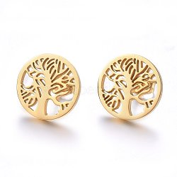 304 Stainless Steel Stud Earrings, Hypoallergenic Earrings, Flat Round with Tree of Life, Golden, 15x1.2mm, Pin: 0.8mm(EJEW-H371-03G)