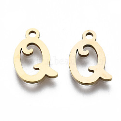 201 Stainless Steel Charms, Laser Cut, Alphabet, Golden, Letter.Q, 12x7.5x1mm, Hole: 1.4mm(STAS-T044-217G-Q)
