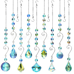 Glass Teardrop/Cone/Oval/Round Pendant Decorations, Hanging Suncatchers, with Glass Octagon Link for Garden Decorations, 400x30~50mm, 9pcs/set(WG34775-01)