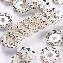 Grade A Brass Rhinestone Spacer Beads, Basketball Wives Spacer Beads for Jewelry Making, Clear White, Rondelle, Nickel Free, Silver Color Plated, about 12mm in diameter, 4mm thick, hole: 2.5mm(RSB160NF-01)