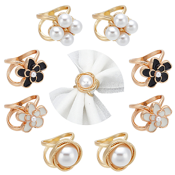 WADORN 8Pcs 4 Styles Plastic Imitation Pearl & Enamel Flower Scarf Buckle Rings Set, Light Gold Zinc Alloy Clasp Holders for Clothe Garment Decoration, Mixed Color, 20~24x24x30~33mm, Inner Diameter: 20.5mm, 2Pcs/style