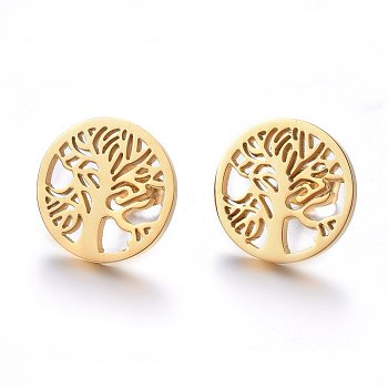 304 Stainless Steel Stud Earrings, Hypoallergenic Earrings, Flat Round with Tree of Life, Golden, 15x1.2mm, Pin: 0.8mm
