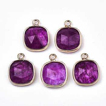 Glass Charms, with Light Gold Tone Brass Findings, Square, Faceted, Medium Violet Red, 14x11x5mm, Hole: 1.6mm