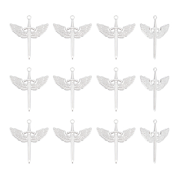 304 Stainless Steel Pendants, Sword with Wing Charm, Stainless Steel Color, 41.5x35.5x2mm, Hole: 3mm, 12pcs/box