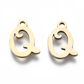 201 Stainless Steel Charms, Laser Cut, Alphabet, Golden, Letter.Q, 12x7.5x1mm, Hole: 1.4mm
