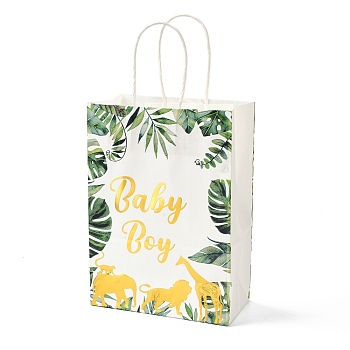 Gold Stamping Rectangle Paper Bags, with Handle, for Gift Bags and Shopping Bags, Word Baby Boy, Leaf Pattern, 14.9x8.1x21cm