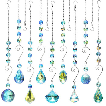 Glass Teardrop/Cone/Oval/Round Pendant Decorations, Hanging Suncatchers, with Glass Octagon Link for Garden Decorations, 400x30~50mm, 9pcs/set