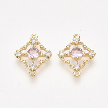 Brass Cubic Zirconia Links, Real 18K Gold Plated, Nickel Free, Rhombus, Pink, 17x14x3mm, Hole: 1mm, Diagonal Length: 17mm, Side Length: 10.5mm