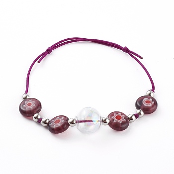 Adjustable Handmade Millefiori Glass Beaded Bracelets, with Glass Globe Beads, Nylon Thread and Brass Beads, Platinum, Purple, Inner Diameter: 2 inch(5cm)