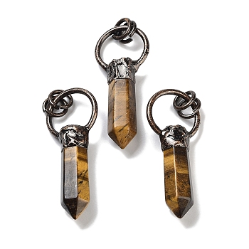 Natural Tiger Eye Faceted Pointed Bullet Pendants, Brass Ring Charms with Jump Rings, Red Copper, 48~50x20x9~10mm, Hole: 6mm